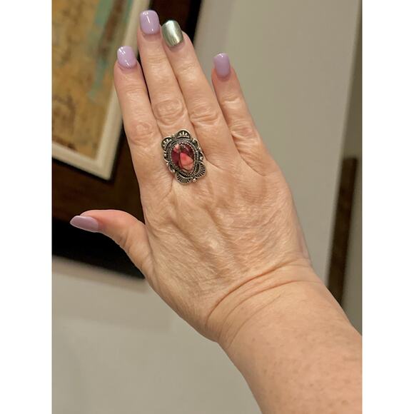 Red Rose Dahlia Teardrop Rope Sterling Silver Ring Adjustable - Picture 4 of 4